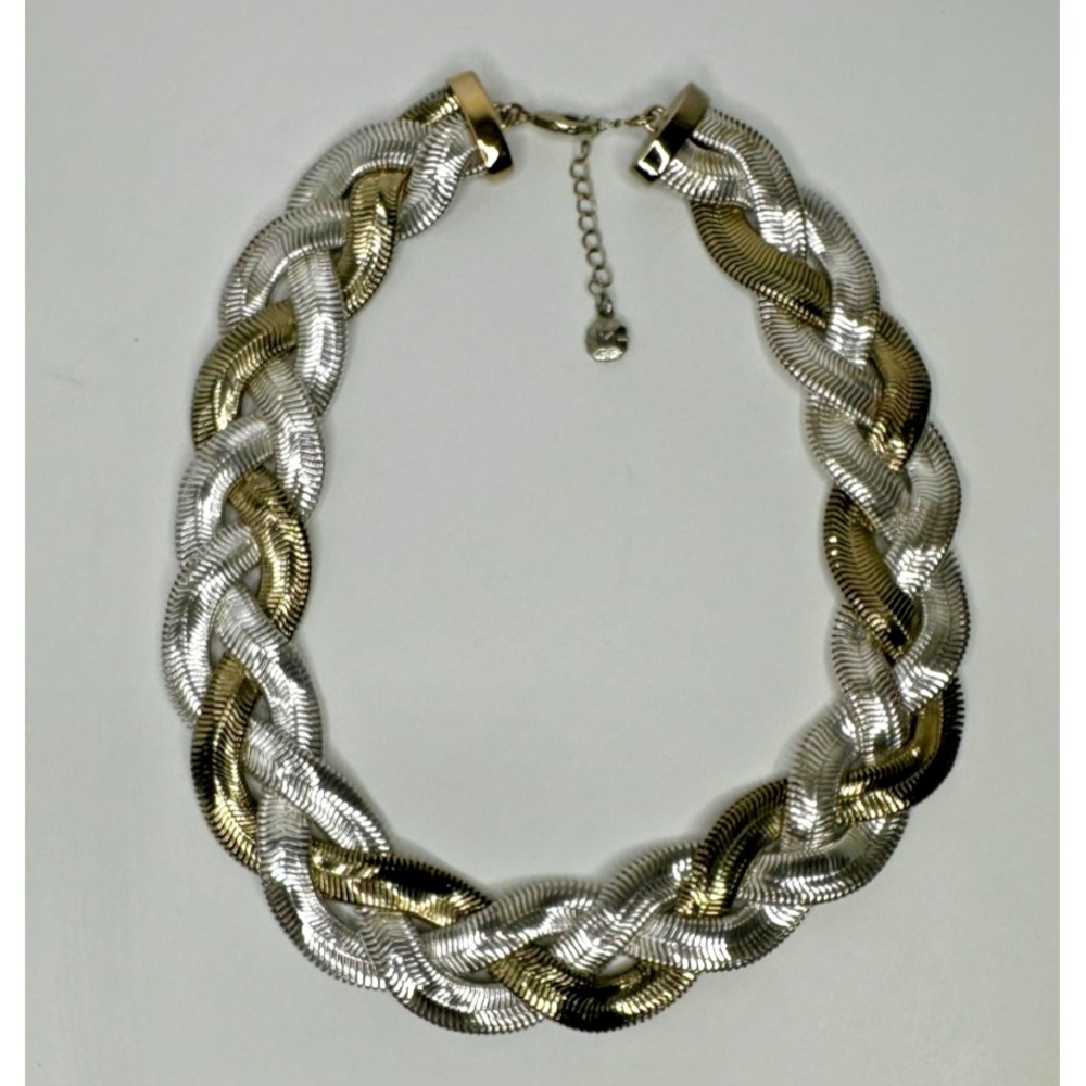 Vintage MONET Two Tone Braided Herringbone Collar Necklace 16" Heavy Runway